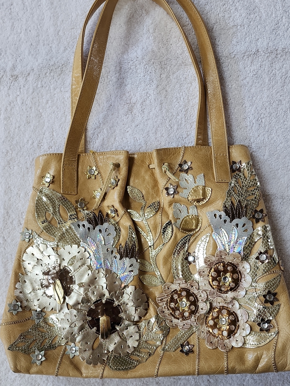 Braccialini Women's Gold Floral Appliqué Shoulder Tote Bag Preowned